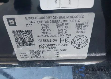 2019 Chevrolet Silverado 1500 High Country из США, поврежденный, VIN 1GCUYHED2KZ195490